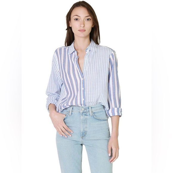 Xirena Beau Boyfriend Button Down Shirt in Tide Blue Stripes Pattern Mixing - Picture 2 of 13